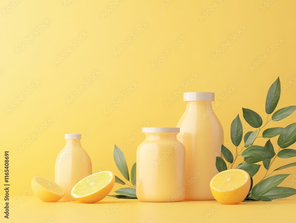 Bright yellow scene featuring bottles and lemons with green leaves. Bright yellow scene featuring bottles and lemons with green leaves.