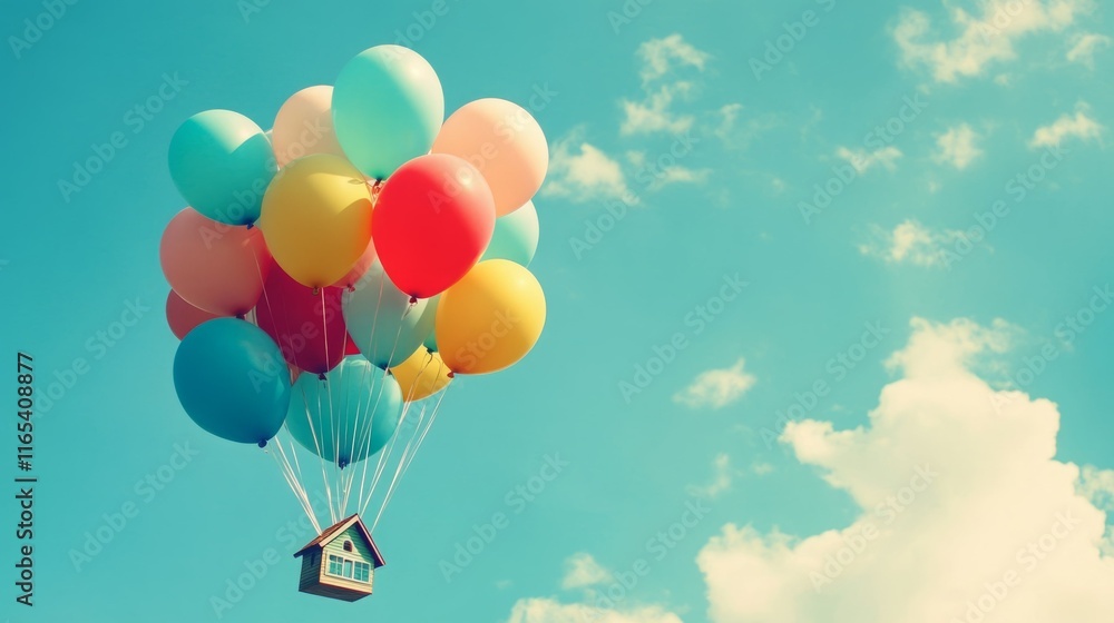 A little house floats on colorful balloons against a bright blue sky. Whimsical and dreamy. A little house floats on colorful balloons against a bright blue sky. Whimsical and dreamy.