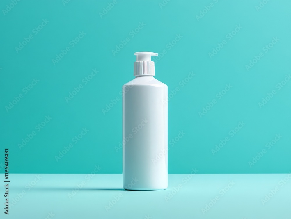 A simple white bottle with a pump, set against a teal background. A simple white bottle with a pump, set against a teal background.