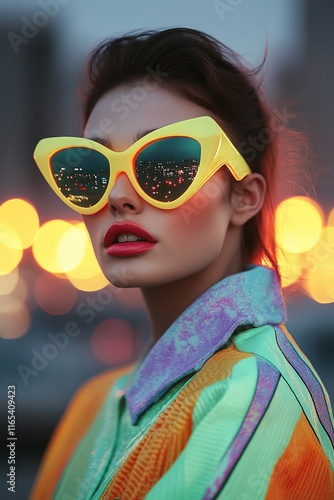 portrait of model in neon sunglasses and vibrant 80s streetwear with glowing city lights blurred behind