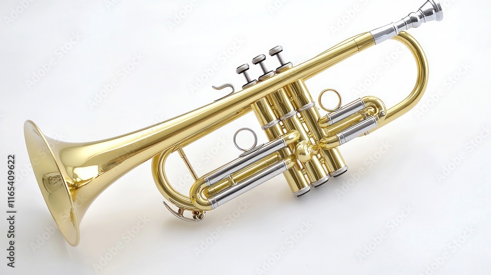 A shiny brass trumpet lying on a white surface. A shiny brass trumpet lying on a white surface.