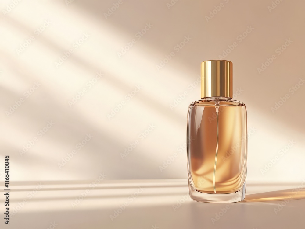 A glass perfume bottle with a golden cap, illuminated by soft light and shadows. A glass perfume bottle with a golden cap, illuminated by soft light and shadows.
