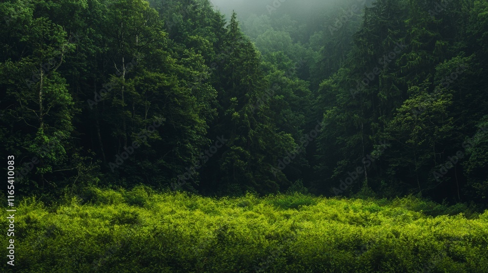 Fototapeta premium Lush Green Forest Woodland Nature Background Tranquil Scenery