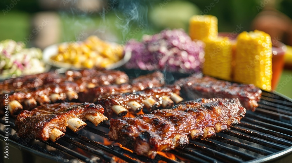 A vibrant outdoor barbecue scene featuring juicy pork ribs sizzling on the grill, surrounded by colorful side dishes like coleslaw and corn on the cob. A vibrant outdoor barbecue scene featuring juicy pork ribs sizzling on the grill, surrounded by colorful side dishes like coleslaw and corn on the cob.