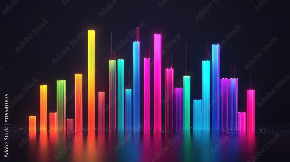 Colorful D bar chart on a dark background with vibrant bars of various heights, showcasing financial data trends in a futuristic design Colorful D bar chart on a dark background with vibrant bars of various heights, showcasing financial data trends in a futuristic design