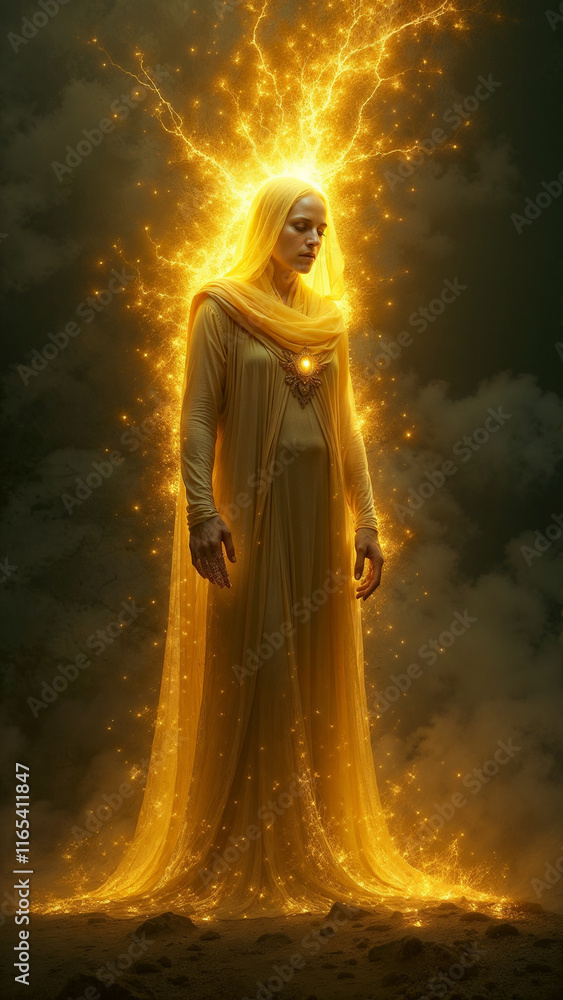 A mythical entity surrounded by an aura of electrical sparks with a complex yellow glow. A mythical entity surrounded by an aura of electrical sparks with a complex yellow glow.