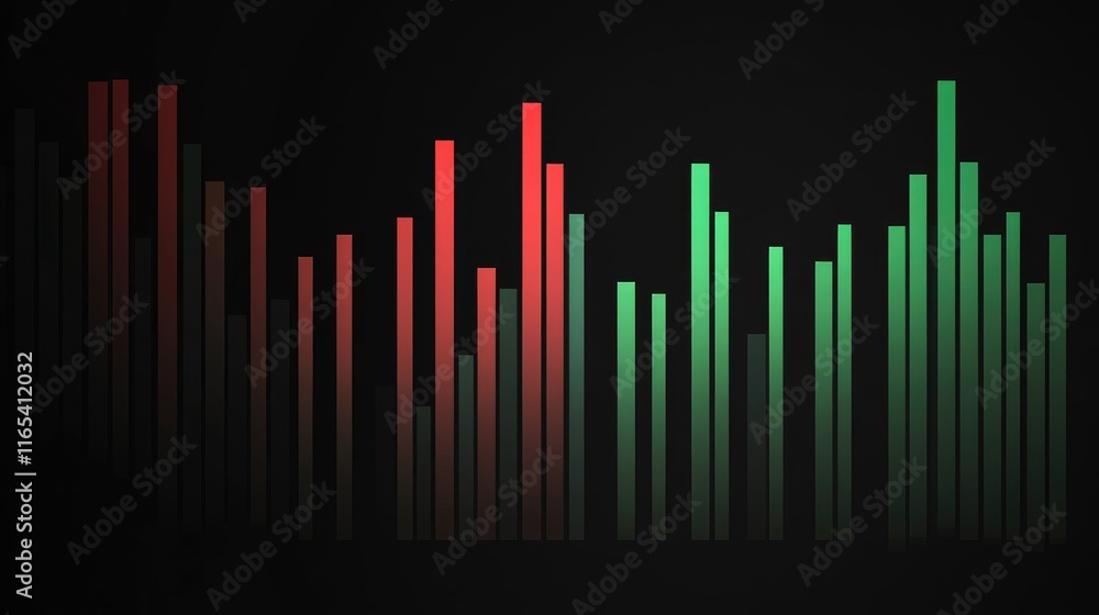 Digital candlestick chart with green and red bars on a black background, representing stock market trends in a business finance setting Digital candlestick chart with green and red bars on a black background, representing stock market trends in a business finance setting