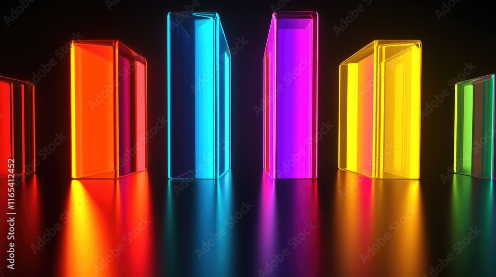 Obraz premium Futuristic D bar graph with tall, glossy bars in contrasting colors, with soft light reflections on a smooth surface, showcasing financial statistics