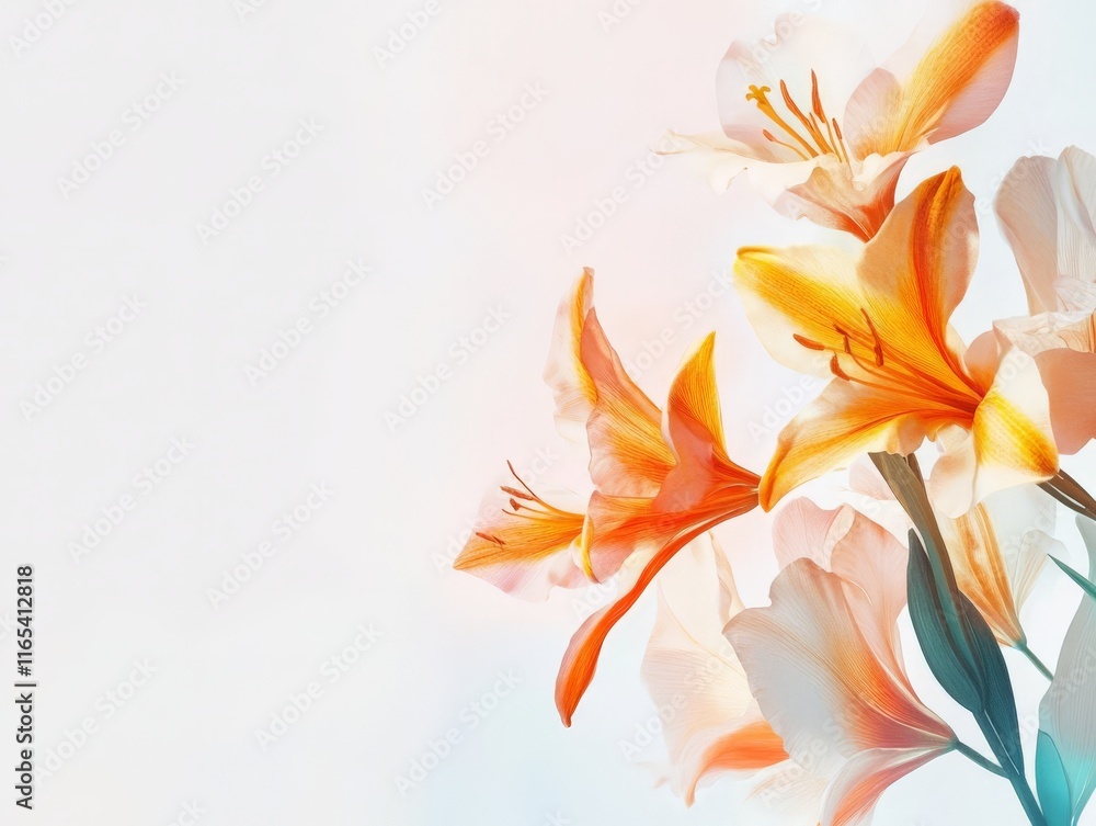 Fototapeta premium A soft, artistic arrangement of orange and white flowers against a light background.