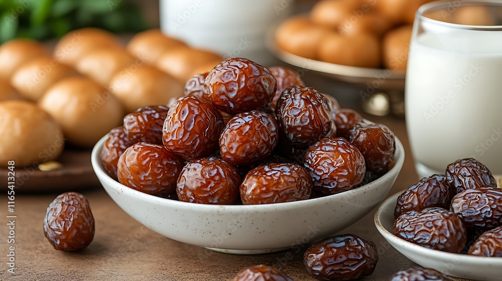 Bowl of sugared dates with milk and pastries. Bowl of sugared dates with milk and pastries.