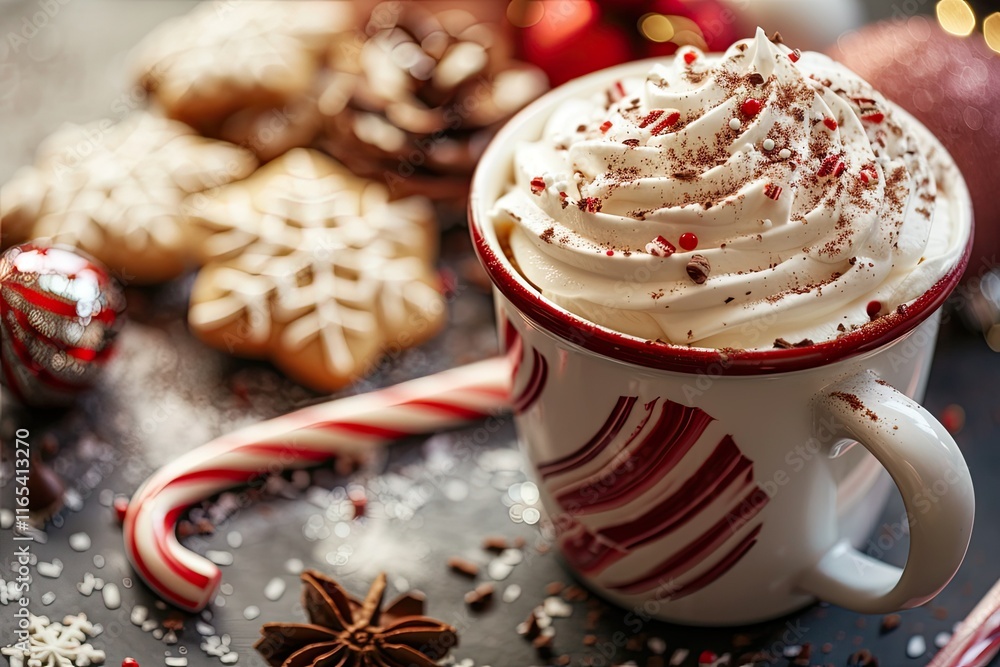 Christmas card featuring a festive mug of hot cocoa with whipped cream, surrounded by candy canes and cookies Christmas card featuring a festive mug of hot cocoa with whipped cream, surrounded by candy canes and cookies