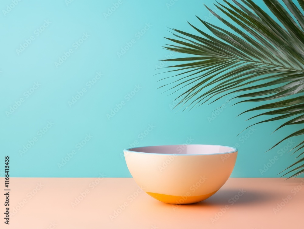 A minimalist scene featuring a bowl and palm leaf against a colorful background. A minimalist scene featuring a bowl and palm leaf against a colorful background.