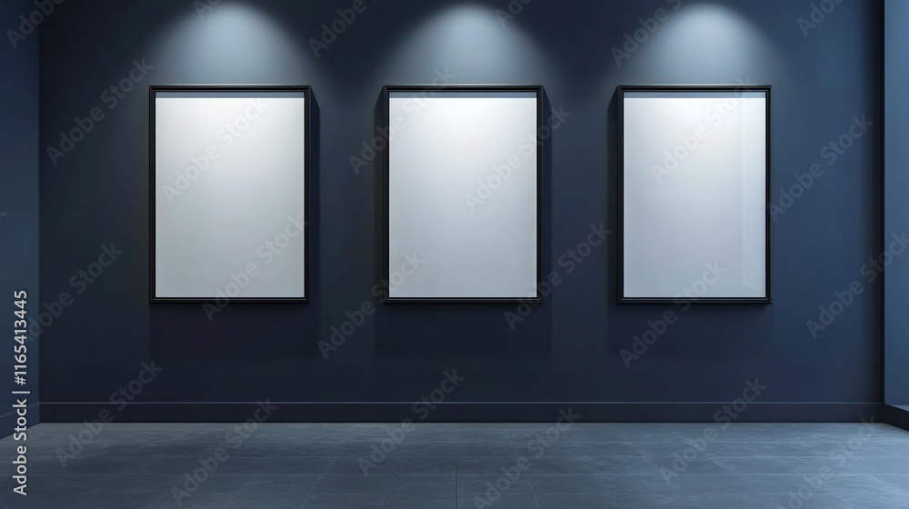 A minimalist gallery featuring three empty frames on a dark wall. A minimalist gallery featuring three empty frames on a dark wall.