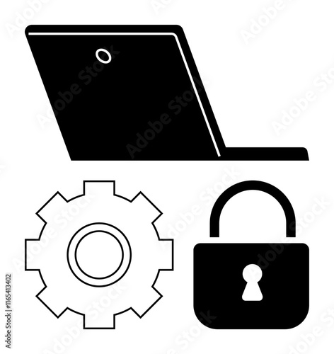 Silhouette laptop, gear, and lock symbolizing innovation, cybersecurity, software settings, data protection, and IT solutions. Ideal for tech, security optimization digital safety privacy system