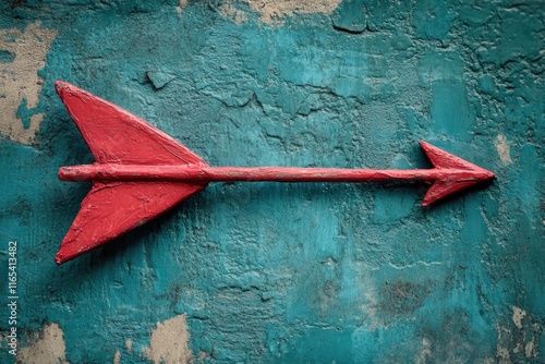 Red arrow on blue painted wall photo