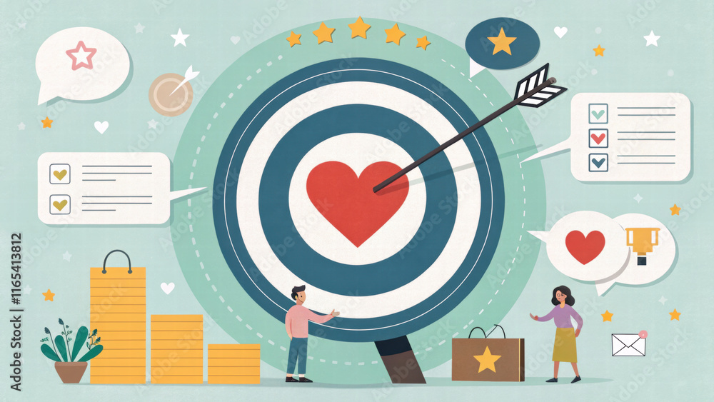 Obraz premium Heart centered target with arrow surrounded by icons