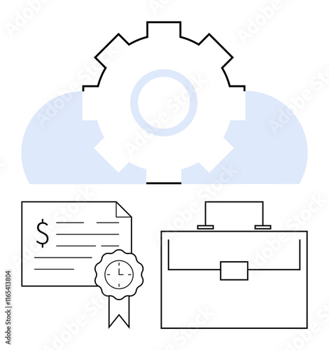 Business contract with a seal, a briefcase, and a cloud with a gear symbolizing online business solutions. Ideal for digital contracts, cloud services, business certification, corporate tools, online