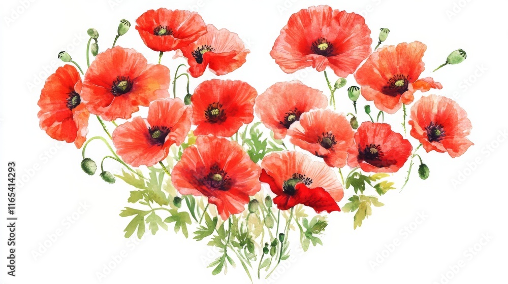 Fototapeta premium Heart-Shaped Watercolor Poppies: Vibrant Floral Arrangement. Romantic and Exquisite Painting of Red Poppies in a Heart Shape