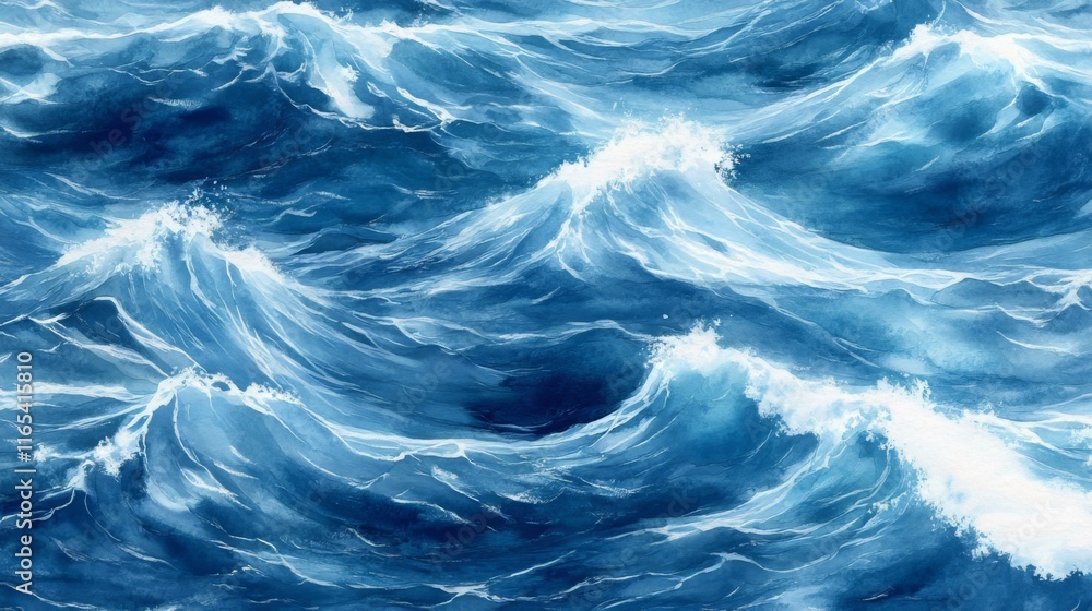 Fototapeta premium Dynamic Ocean Waves: A Watercolor Masterpiece of Powerful Sea