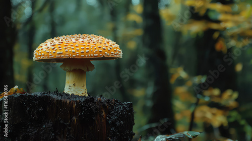 A vibrant orange mushroom with white spots grows on a dark, decaying log in a lush, autumnal forest. photo