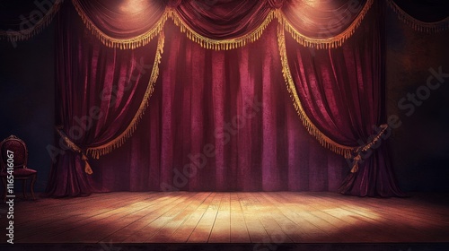 Burgundy velvet curtains with golden details gently parted to reveal a glowing wooden jazz stage photo