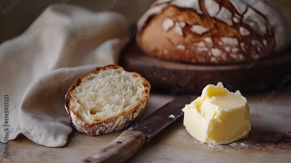 Crusty Bread Slice Butter Knife Rustic Setting