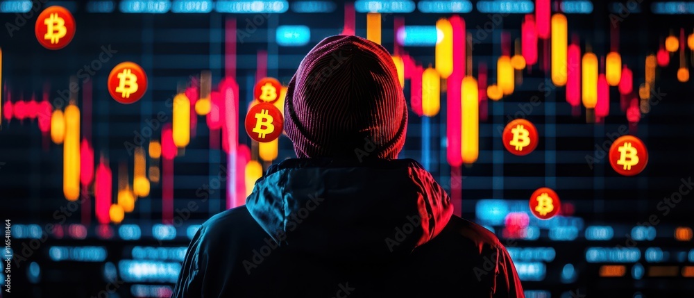 Obraz premium Bitcoin price prediction concept. A person observing a cryptocurrency market graph with Bitcoin symbols, showcasing digital finance trends and investment analysis.