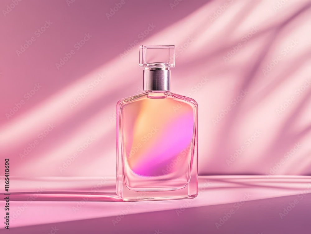 A stylish perfume bottle with a gradient hue against a soft pink background. A stylish perfume bottle with a gradient hue against a soft pink background.