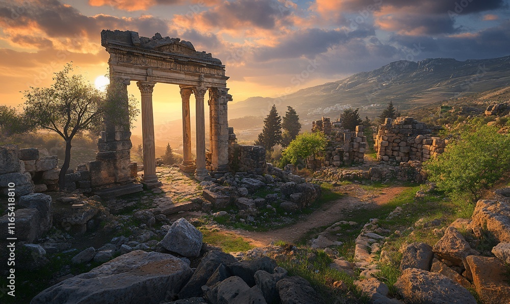 Fototapeta premium Sunset over ancient ruins, columns, stones, and mountains.
