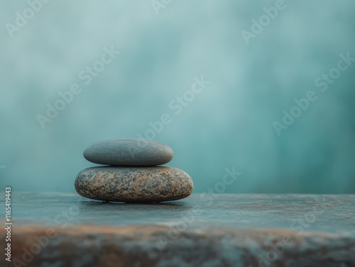 Three stacked stones on a surface with a soft, blurred background, symbolizing balance and tranquility. photo