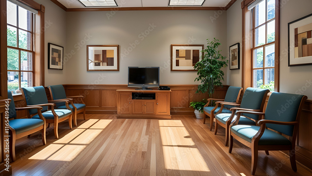 A wooden office waiting room is furnished with comfortable armchairs and features a television for entertainment A wooden office waiting room is furnished with comfortable armchairs and features a television for entertainment