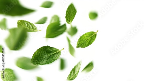 Bunch of green leaves are flying through the air