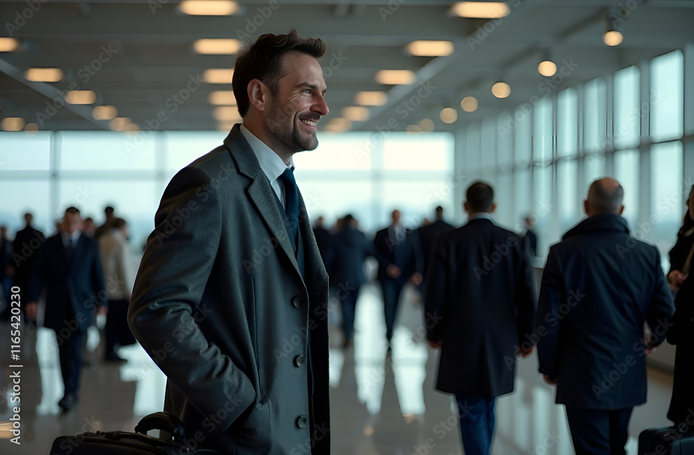 A welldressed man wearing a formal suit is standing at an airport, with his hands casually tucked into his pockets