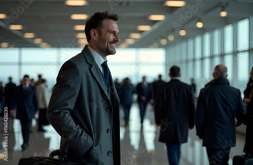 Obraz na płótnie A welldressed man wearing a formal suit is standing at an airport, with his hands casually tucked into his pockets w salonie