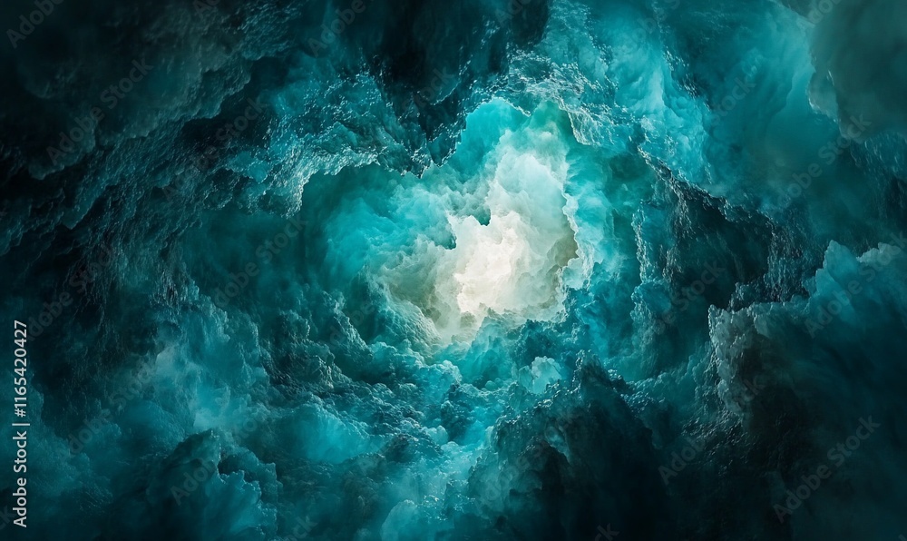 Teal and dark blue clouds swirling towards a bright light. Teal and dark blue clouds swirling towards a bright light.