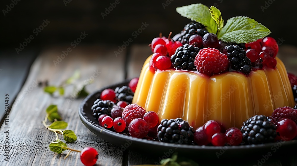 A dessert with berries and mint leaves on top A dessert with berries and mint leaves on top