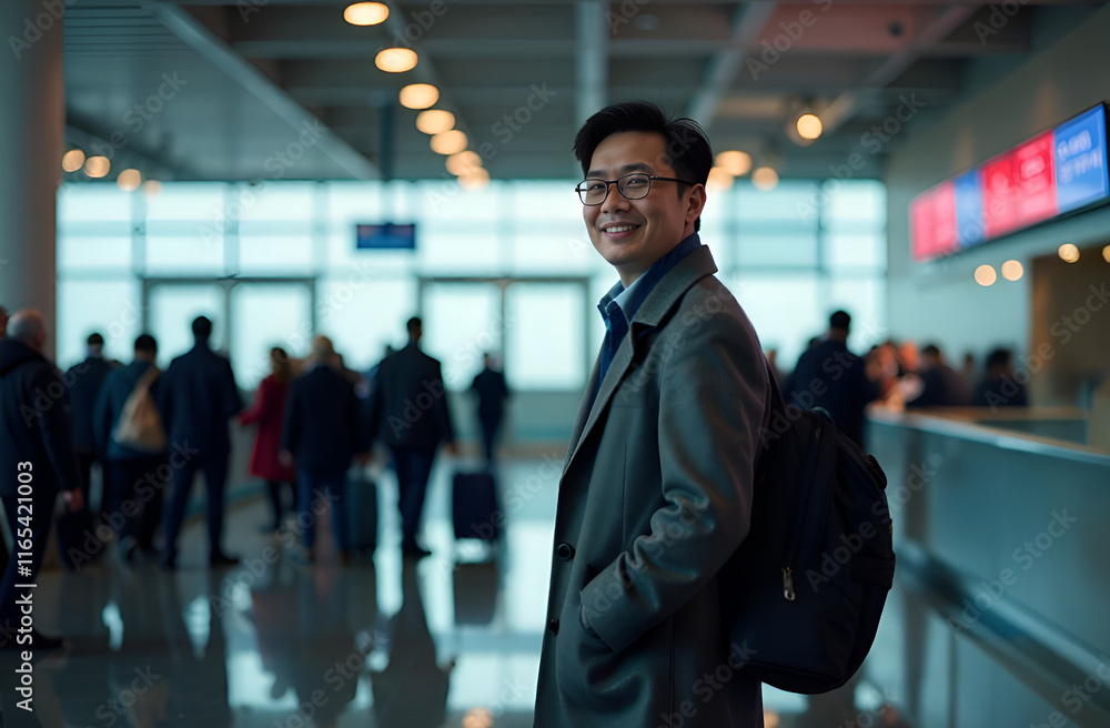 A welldressed man wearing a formal suit is standing at an airport, with his hands casually tucked into his pockets