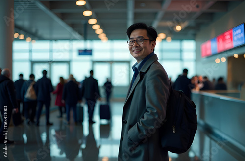 Obraz na płótnie A welldressed man wearing a formal suit is standing at an airport, with his hands casually tucked into his pockets w salonie