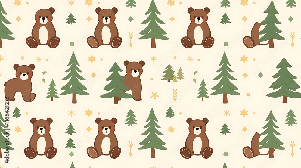 Fototapeta premium Forest Friends Seamless Pattern: A charming and whimsical pattern featuring adorable brown bears nestled among green pine trees and golden stars.