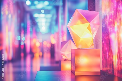 abstract gallery display with glowing geometric sculptures surrounded by blurred vibrant lighting and reflections