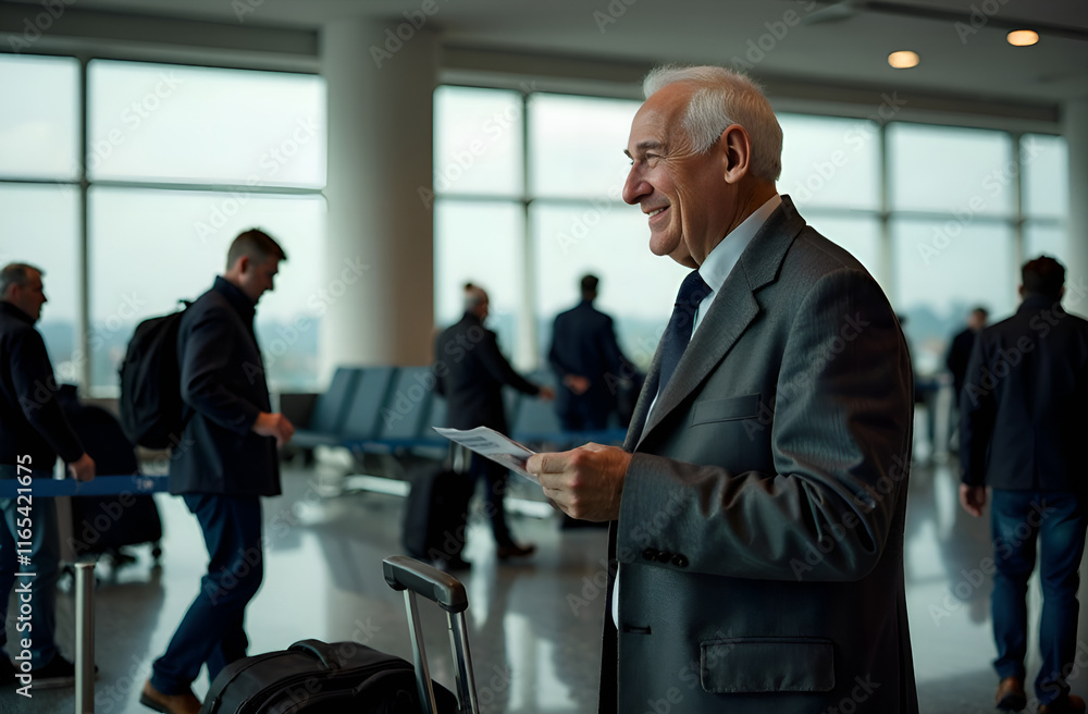 Dressed in a suit and tie, an elderly man stands in a busy airport terminal.