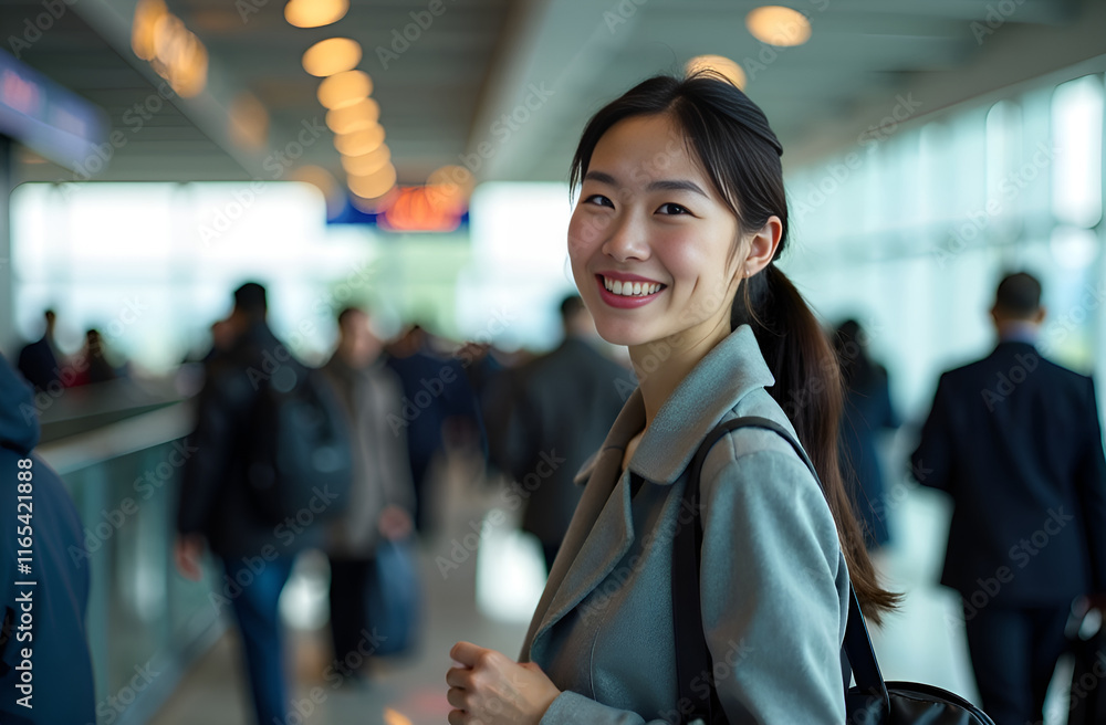 A cheerful woman is happily smiling at the camera while leisurely walking through the busy airport terminal, showcasing her joyful demeanor