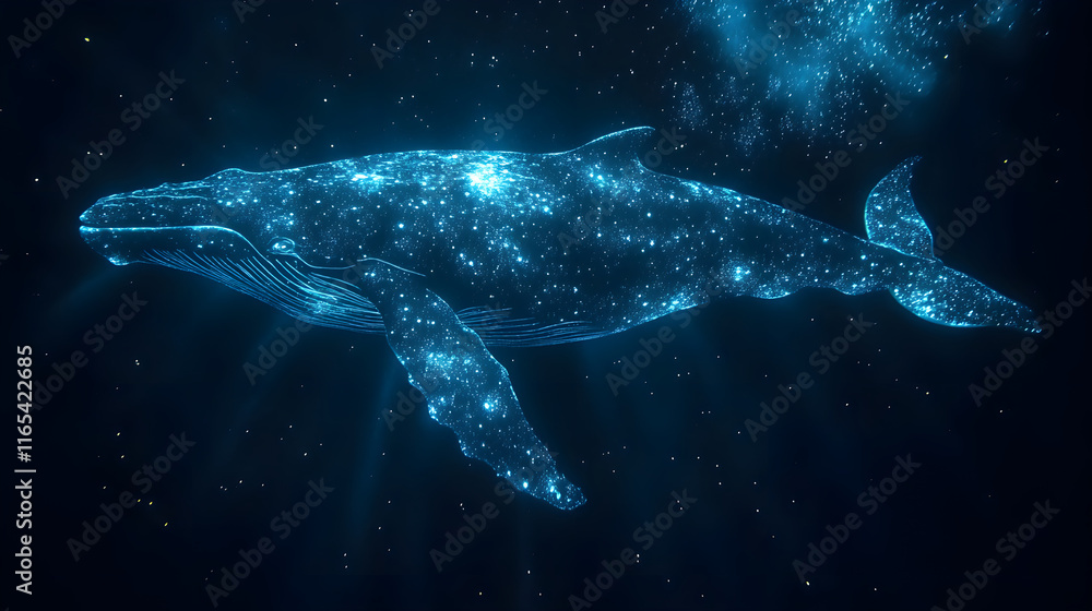 Naklejka premium Glowing Cosmic Whale with Starry Texture in a Deep Space Background.