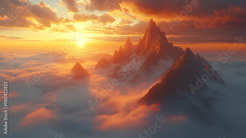 Mountain Range at Dawn Shrouded in Low Clouds photo