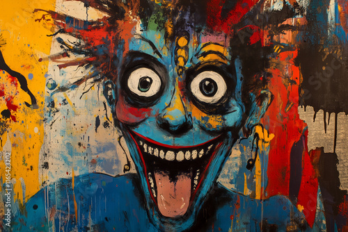 Portrait of a madman with his tongue hanging out, painted in oil