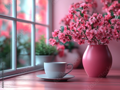 Wallpaper Mural A serene indoor scene with a cup and a pink flower vase by the window. Torontodigital.ca