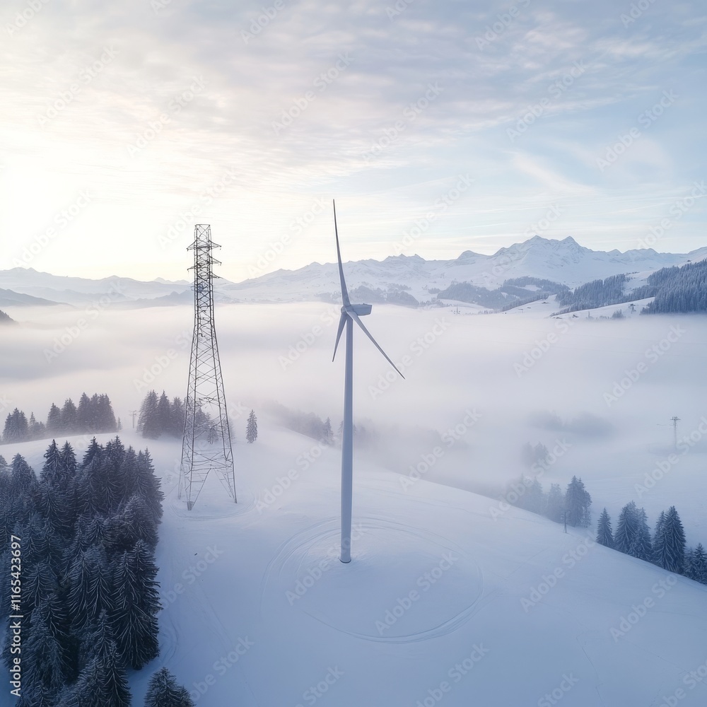 Wind turbine in fog, fir trees in background. Wind turbine in fog, fir trees in background.