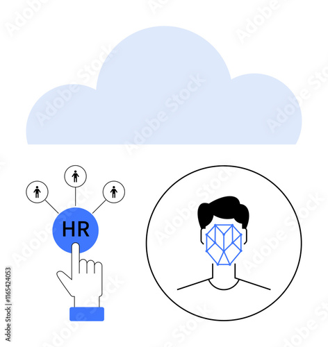 Finger selecting HR button, networked employee icons, face recognition graphic, and cloud. Ideal for HR tech, biometrics, data storage, cloud solutions, recruitment workforce analytics abstract