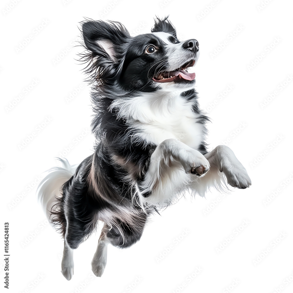 Obraz premium A joyful dog leaps playfully, showcasing its energy and spirit. Perfect for capturing the essence of happiness and vitality.
