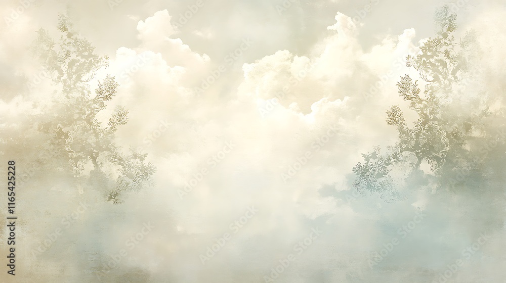Dreamlike sky with ethereal trees and soft light.